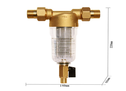 Самопочистващ се предфилтър за вода 40 микрона – размери: височина 220 мм, ширина 140 мм, дълбочина 60 мм, месингов корпус и прозрачен контейнер, главна снимка с размери.